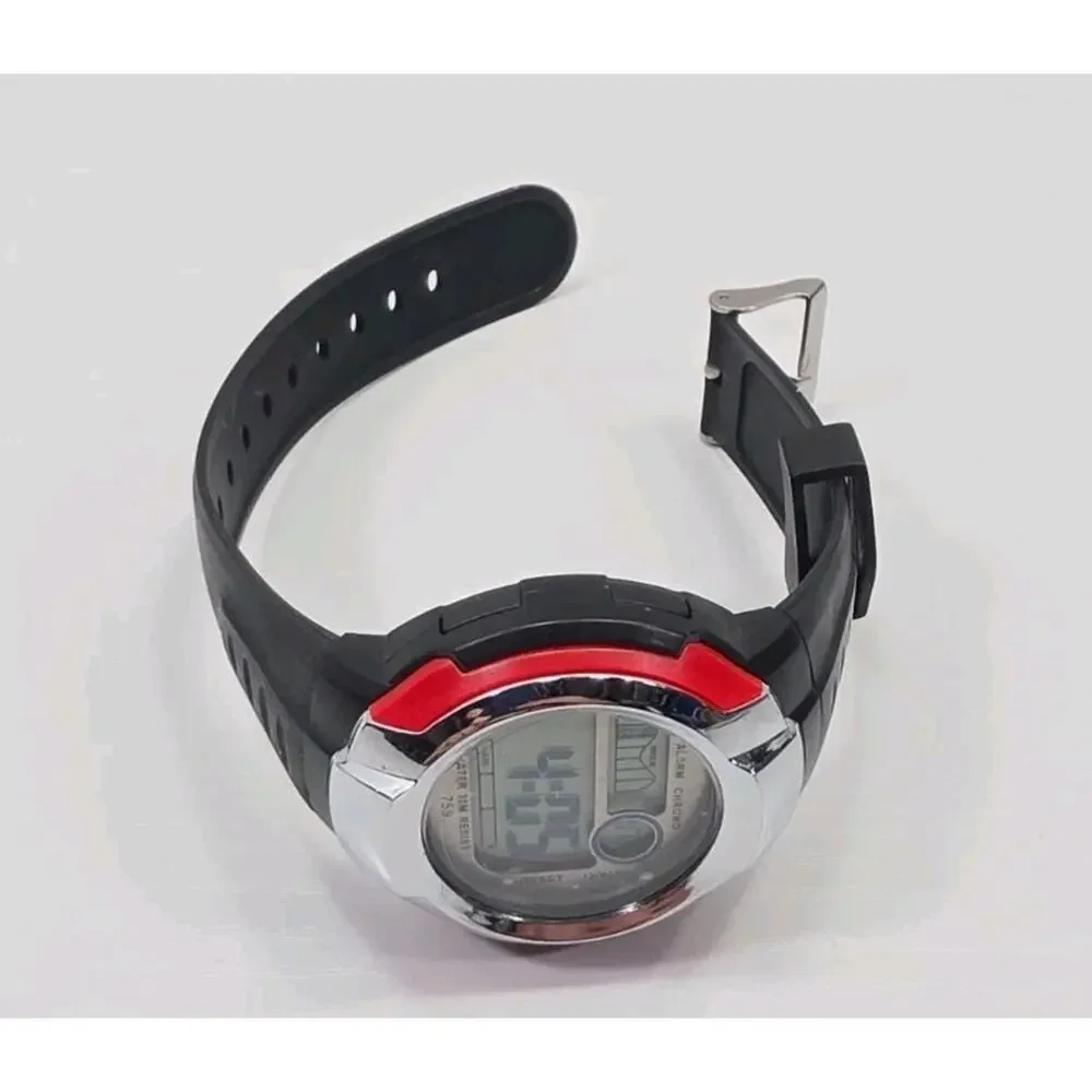 Red & Black Digital Sports Watch Black Buckle Band WR 30M New Battery W278